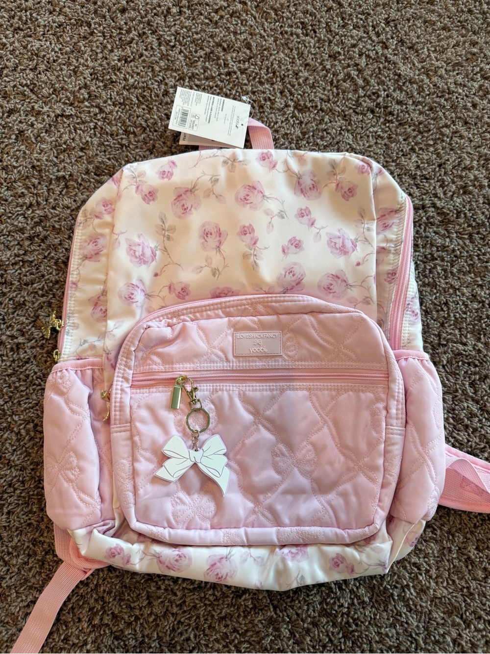 LoveShackFancy x Target Light Pink Floral Quilted Kids Backpack w/Bow Keychain